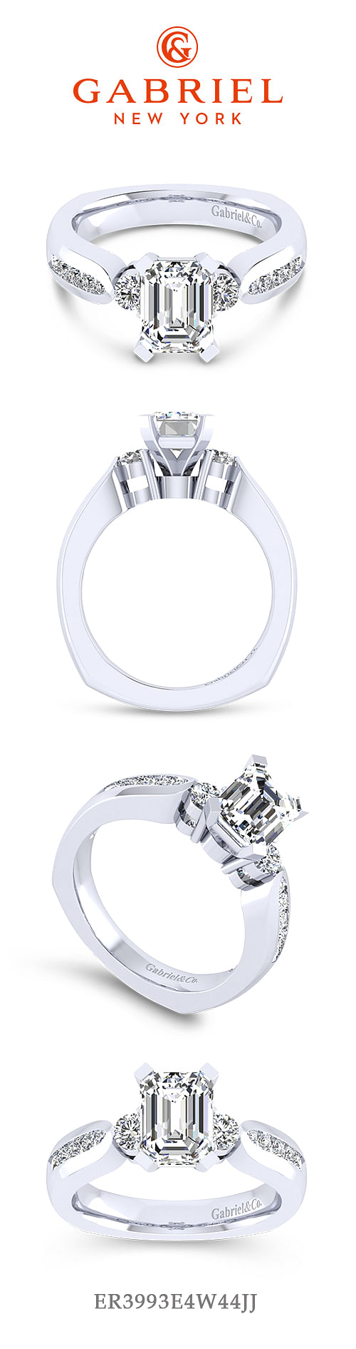 14K White Gold Emerald Cut Three Stone Diamond Engagement Ring angle 